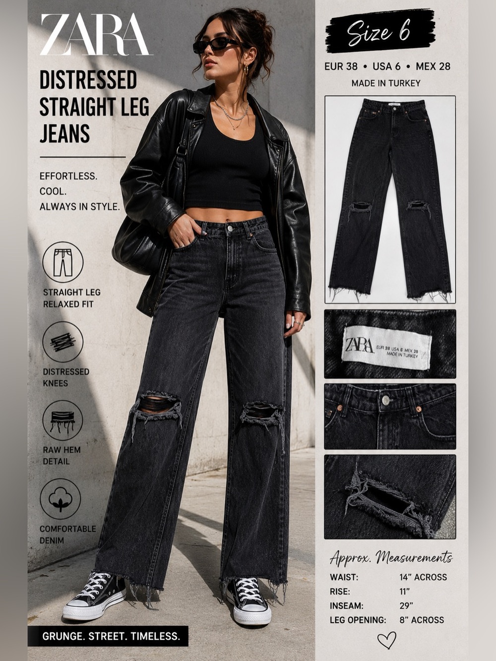 Zara Women’s Black Distressed Straight Leg Jeans Raw Hem Grunge Denim Size 6